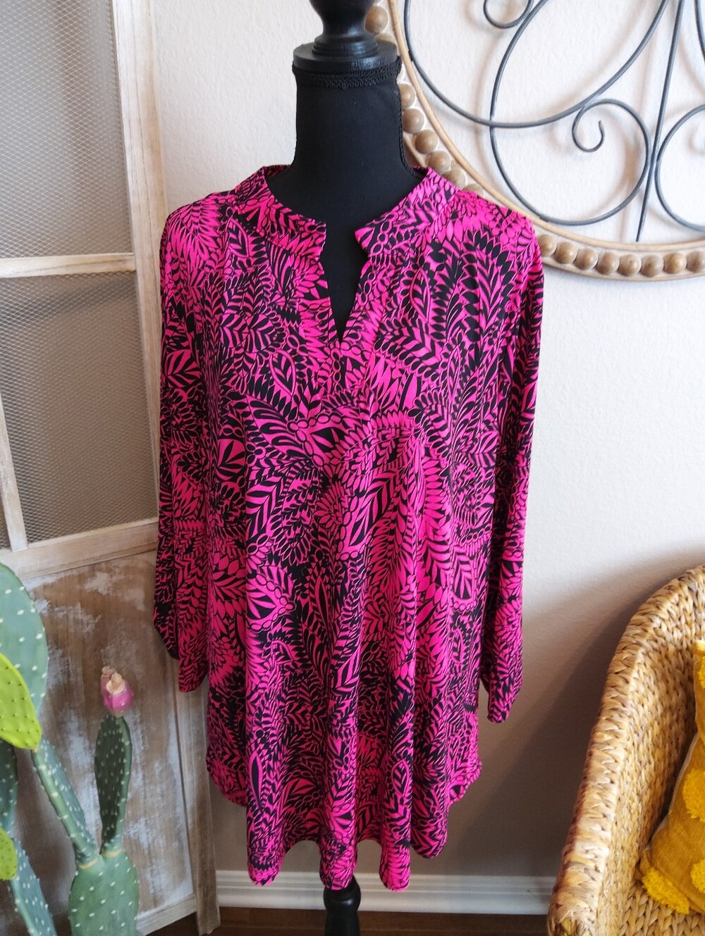 Bright Pink Printed V-Neck Tunic Top